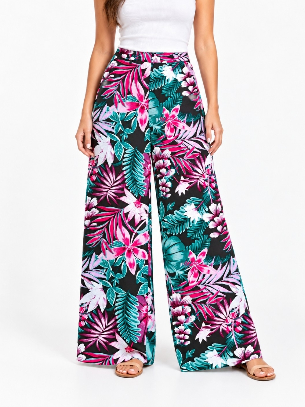 NEW YORK & CO FLORAL TROPICAL WIDE LEG PALAZZO PANTS SZ 12
